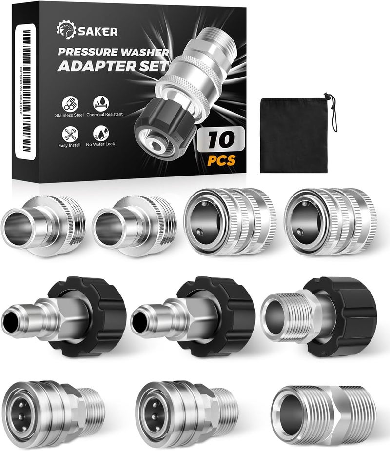 Saker Pressure Washer Hose Connector Set 10 PCS,Hose Adapter Set,Pressure Washer Connector Accessories,M22-14 Swivel to 3/8'' Quick Connect, 3/4" to Quick Disconnect,Quick Connect Set with Storage Bag - Image 1